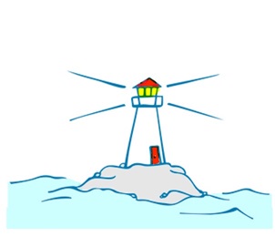 A
          drawing of a lighthouse on a small island Description
          automatically generated